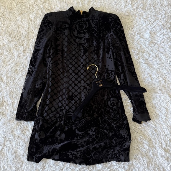 Balmain x H&M Black Velvet and Silk Mock Turtleneck Mini Dress Size 10 - Picture 7 of 9